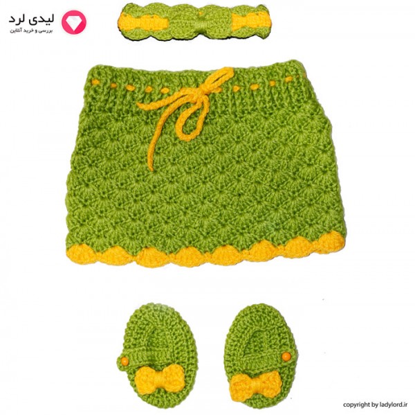 ست لباس بافتنی نوزاد دخترانه مناسب 1 تا 1.5 سال رنگ سبز-زرد