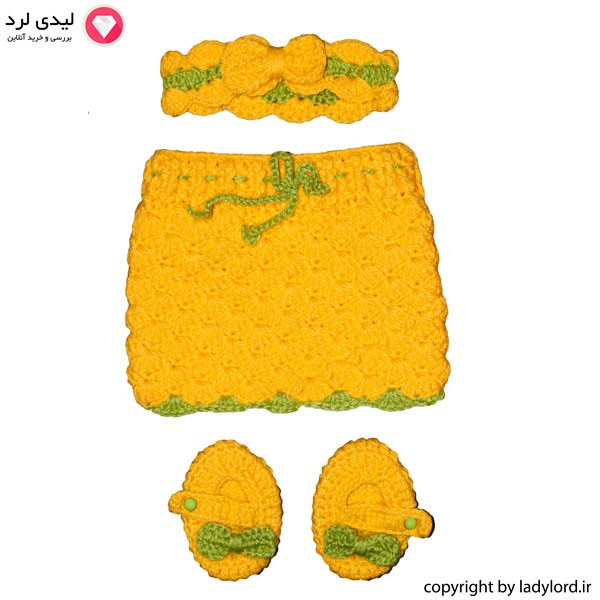 ست لباس بافتنی نوزاد دخترانه مناسب 1 تا 1.5 سال رنگ سبز-زرد