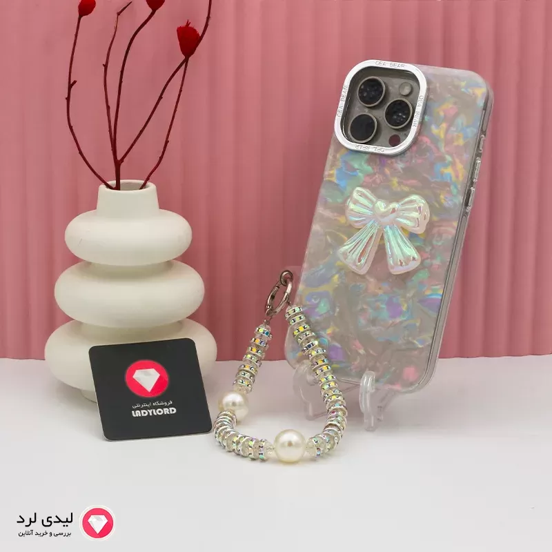 برای بزرگنمایی تصویر دوبار کلیک نمایید قاب گوشی آیفون 15پرو مکس مدل پاپیون هولوگرامی آویزدار