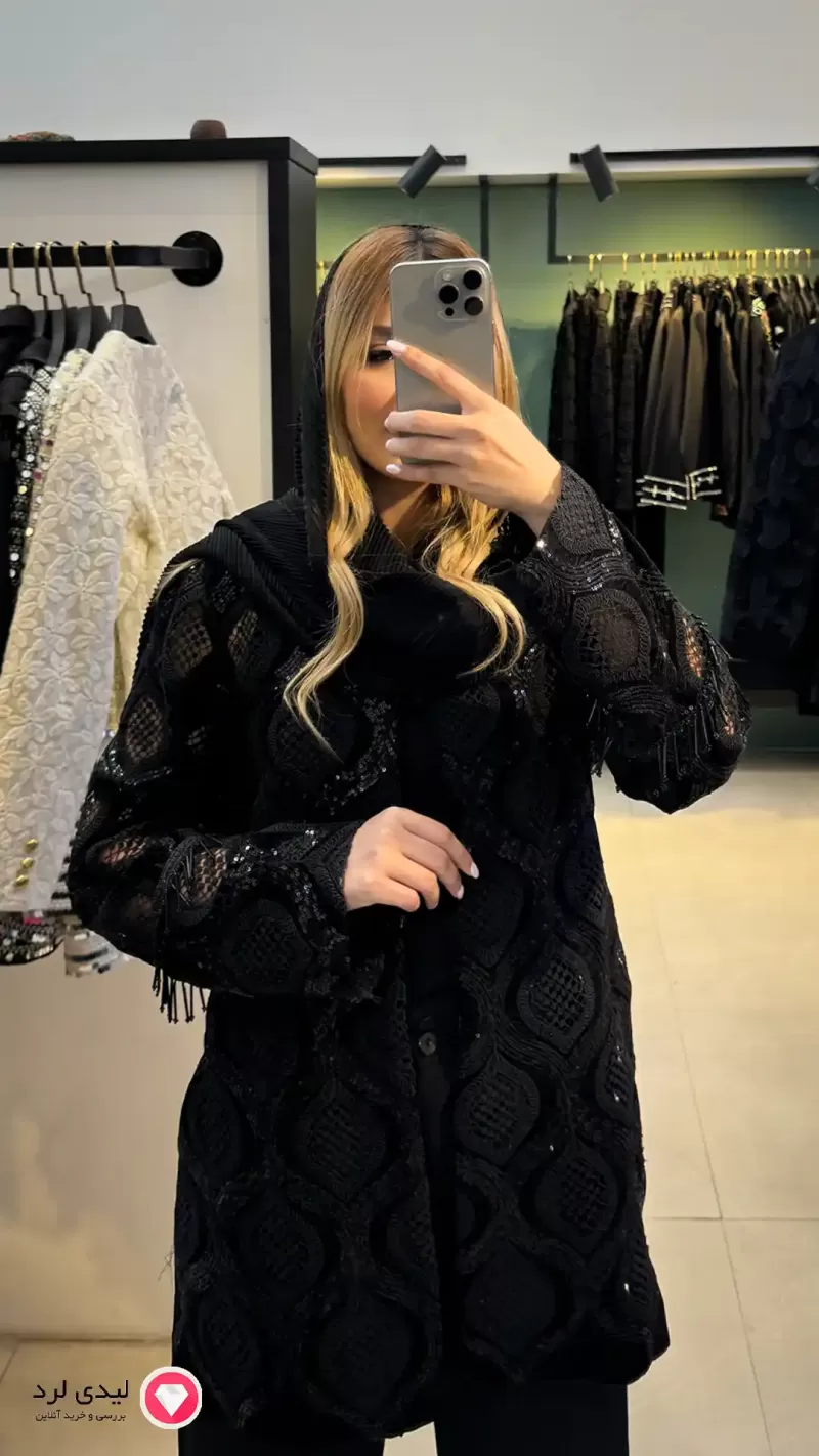 مانتو زنانه مخمل قلاب بافی طرح فرآی ماهوت مشکی